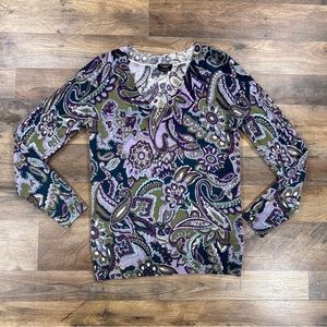 Talbots Sweater Womens Small V Neck Paisley Long Sleeve Merino Wool Purple Top